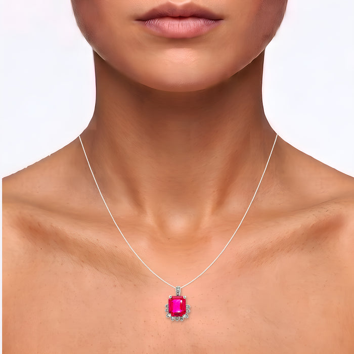 Vivid Emerald-Cut Ruby & Diamond Pendant Necklace (5 ⅙ ct. tw.) in 14k White Gold shown on the neck (medium skin tone)