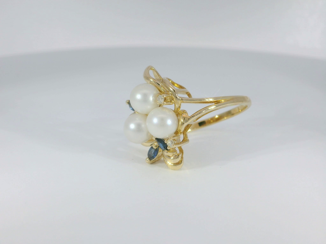 0.36 CTW Pearl, Sapphire & Diamond Cocktail Ring in 14KT Yellow Gold