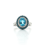 Oval Blue Topaz Color CZ Double Halo Ring in Sterling Silver