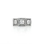 Three Stone Princess Cut CZ Engagement Ring set in Sterling Silver Halo Setting