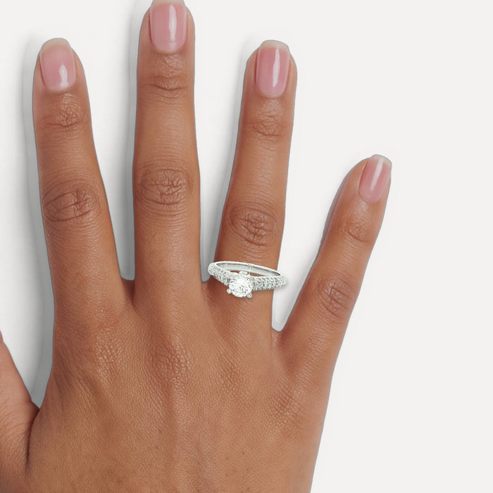 Pavé Round Brilliant Cut Near-Colorless Diamond Engagement Ring (1 ⅜ ct. tw.) in 14k White Gold shown on a hand (medium deep skin tone)