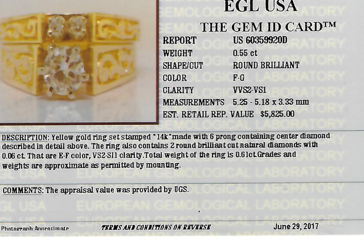0.61 CTW EGL Certified VVS₂ Round Brilliant Cut Natural Diamond Bridal Set in Yellow Gold