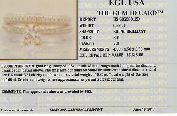 0.66 CTW EGL Certified Colorless Round Brilliant Natural Diamond Bridal Set in 18KT White Gold