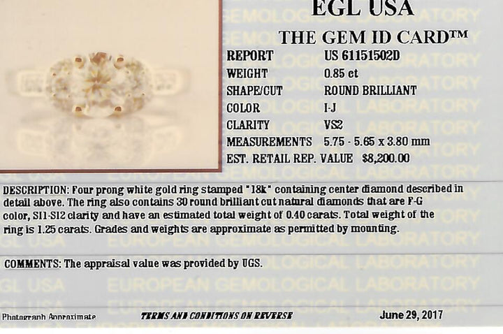 1.25 CTW EGL Certified Round Brilliant Cut Natural Diamond Engagement Ring in 18KT White Gold