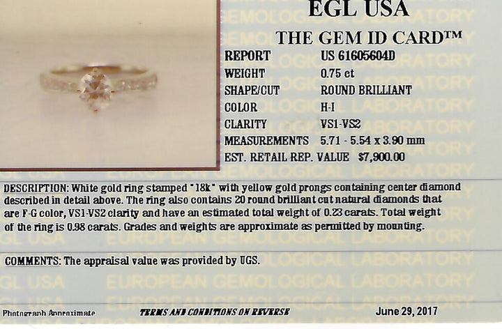 0.98 CTW EGL Certified Round Brilliant Diamond Engagement Ring in 18KT White Gold