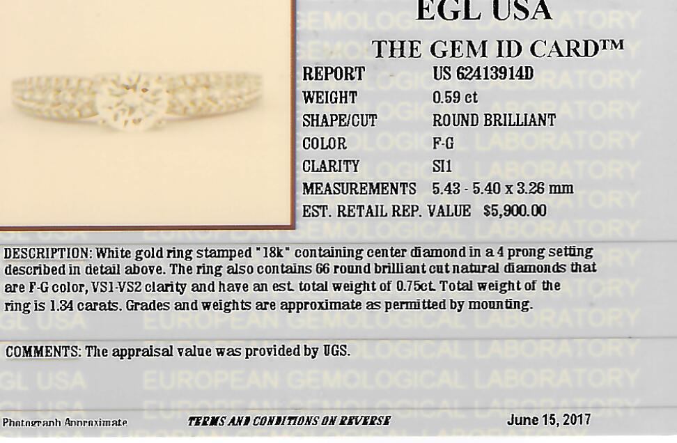 1.34 CTW EGL Certified Colorless Round Brilliant Diamond Engagement Ring in 18KT White Gold