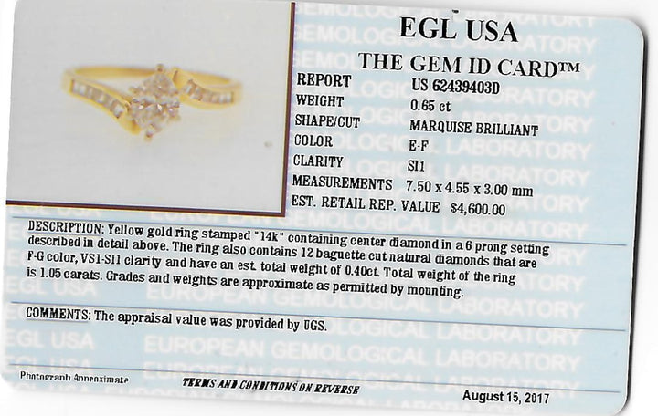 1.05 CTW EGL Certified Marquise Diamond Engagement Ring in 14KT Yellow Gold