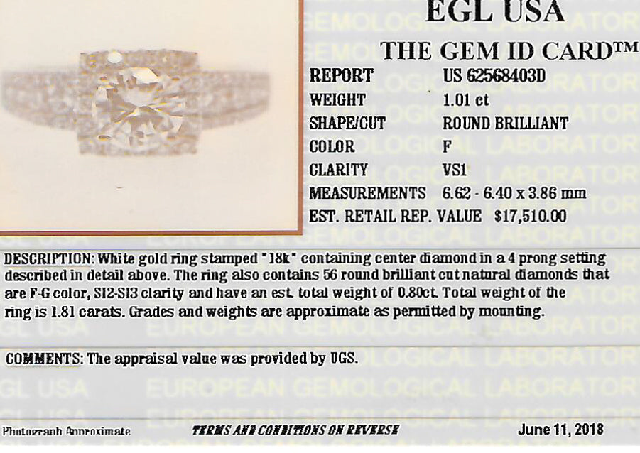 1.81 CTW GIA & EGL Certified Colorless Round Brilliant Cut VS₁ Diamond Halo Engagement Ring in 18KT White Gold