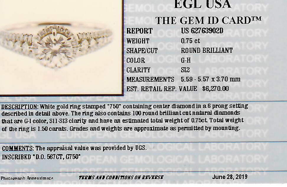 1.50 CTW EGL Certified Round Brilliant Cut Diamond Engagement Ring in 18KT White Gold