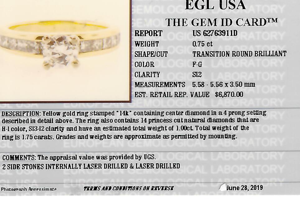1.75 CTW EGL Certified Colorless Transition Brilliant Cut Natural Diamond Ring in Yellow Gold