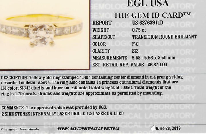 1.75 CTW EGL Certified Colorless Transition Brilliant Cut Natural Diamond Ring in Yellow Gold