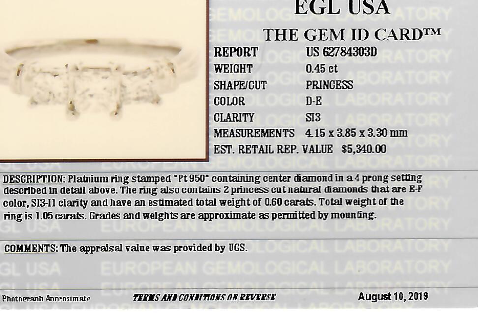 1.05 CTW EGL Certified Colorless Three-Stone Diamond Engagement Ring in Platinum