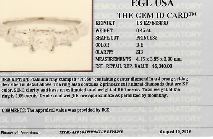 1.05 CTW EGL Certified Colorless Three-Stone Diamond Engagement Ring in Platinum