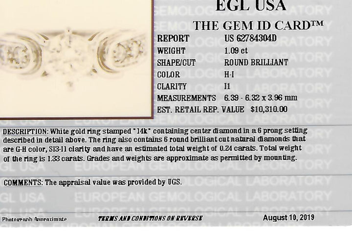1.33 CTW EGL Certified Round Brilliant Diamond Engagement Ring in 14KT White Gold