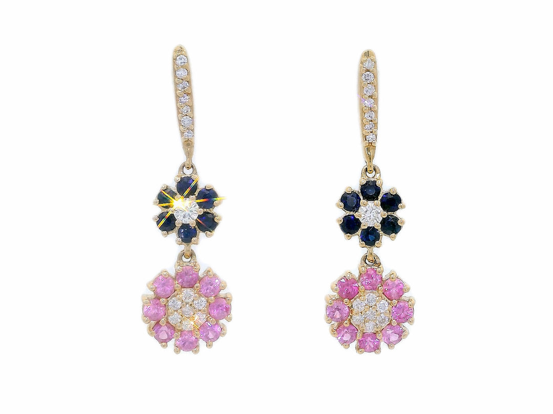 1.20 CTW Natural Blue Sapphire, Pink Sapphire & Diamond Floral Dangle Earrings in 14KT Yellow Gold