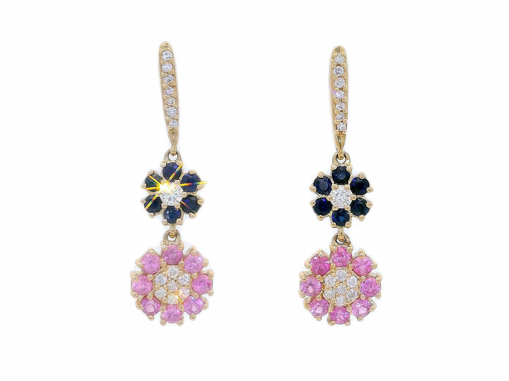 1.20 CTW Natural Blue Sapphire, Pink Sapphire & Diamond Floral Dangle Earrings in 14KT Yellow Gold