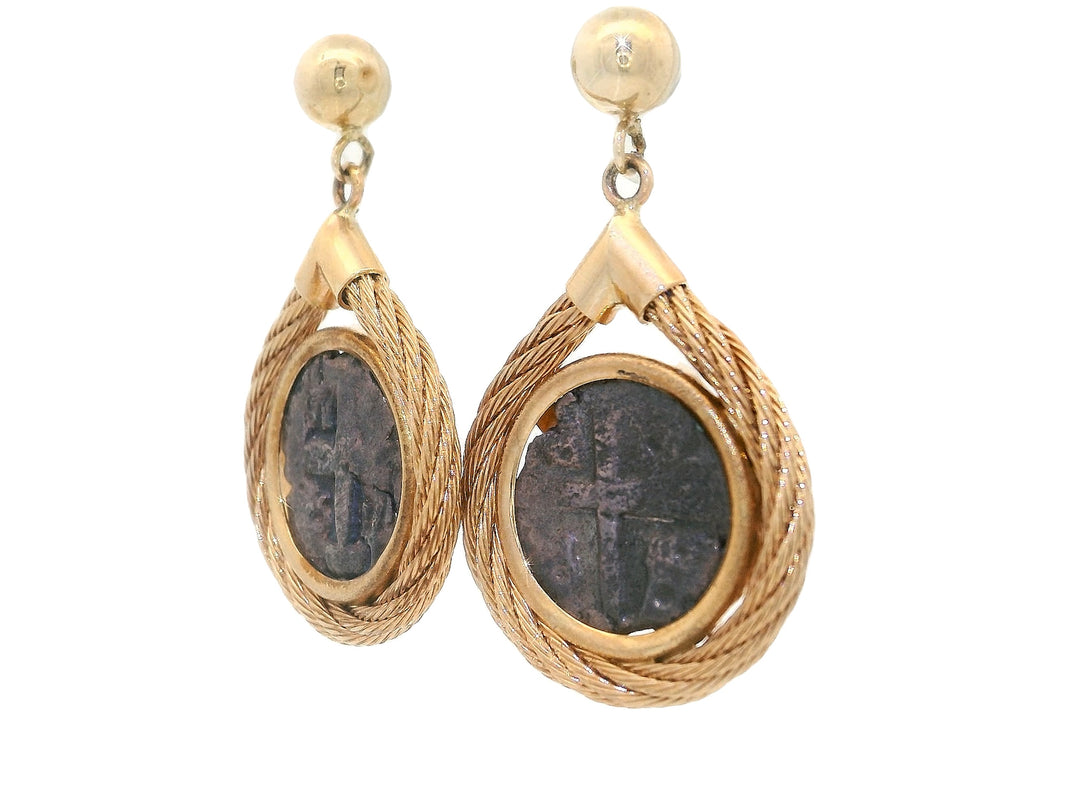 Rare Vintage Shipwreck Coin Earrings in 14KT Yellow Gold