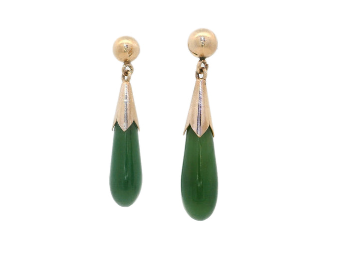 Natural Green Jade Drop Earrings in 14KT Yellow Gold