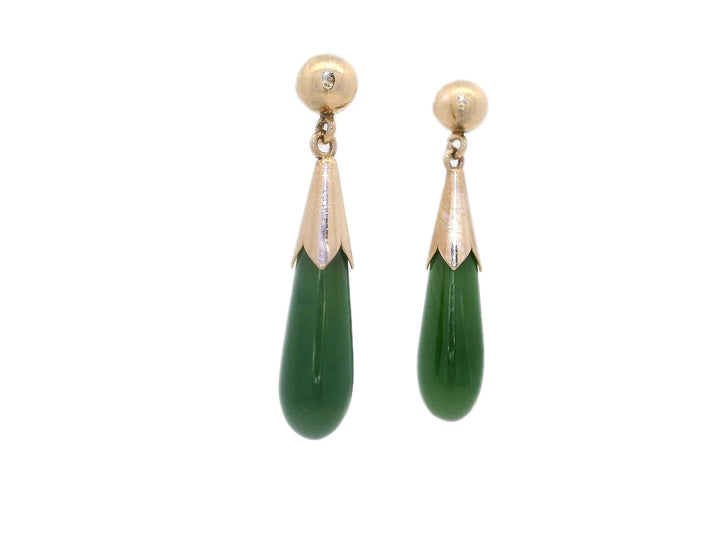 Natural Green Jade Drop Earrings in 14KT Yellow Gold