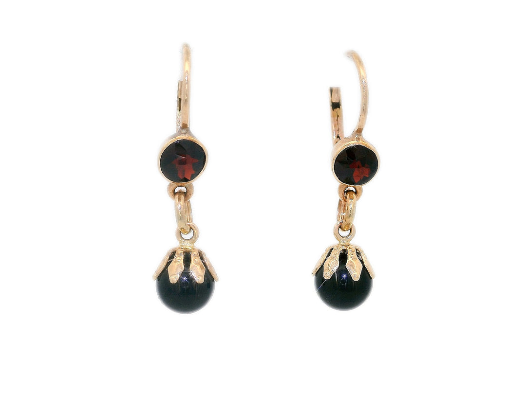 0.78 CTW Natural Garnet & Onyx Dangle Earrings in Yellow Gold