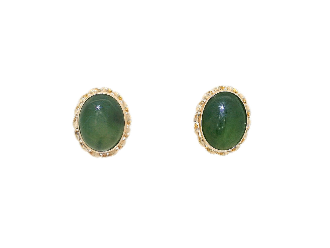 AAA Grade Natural Green Jade Oval Earrings in 14KT Yellow Gold