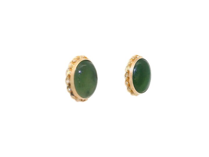 AAA Grade Natural Green Jade Oval Earrings in 14KT Yellow Gold