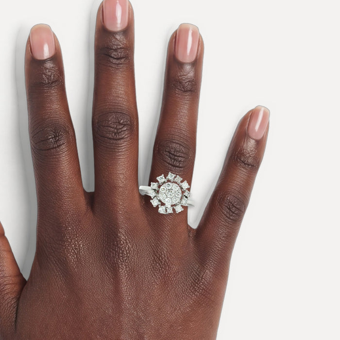 Near-Colorless Sunburst Diamond Ring (⅗ ct. tw.) in 14k White Gold shown on a hand (deep skin tone)