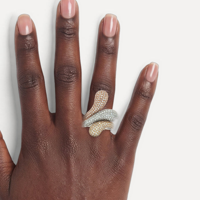 Round Brilliant Cut Nearly Flawless Colorless Diamond Pavé-Set Ring (2 ¼ ct.) in 14k White, Yellow, & Rose Gold Forming a Tri-Tone Diamond & Gold shown on a hand (deep skin tone)