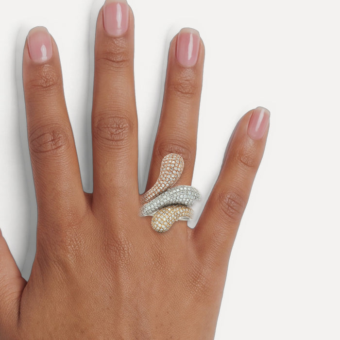 Round Brilliant Cut Nearly Flawless Colorless Diamond Pavé-Set Ring (2 ¼ ct.) in 14k White, Yellow, & Rose Gold Forming a Tri-Tone Diamond & Gold shown on a hand (medium deep skin tone)