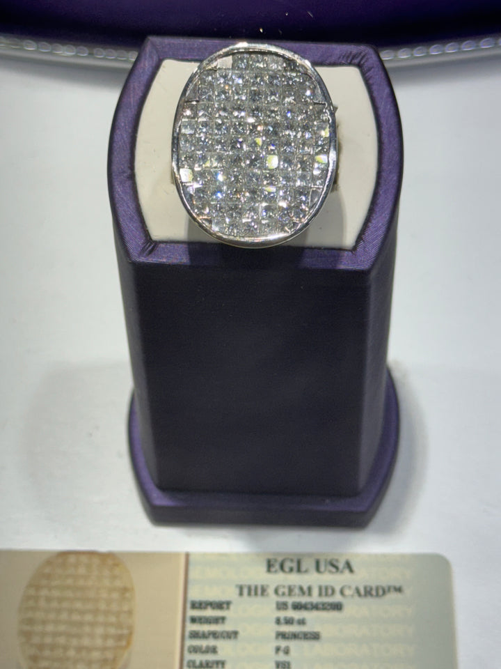 8.5CT Carat Diamond and 14KT White Gold Unisex Cluster Ring, 78 Diamonds, EGL USA Certified.