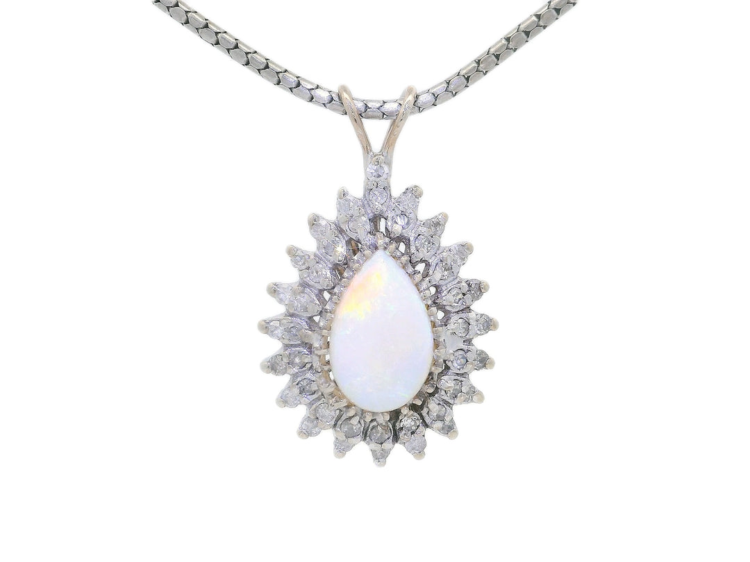 Antique Victorian 3.20 CTW AAA Grade Natural Opal & Diamond Pendant Necklace in 14KT White Gold