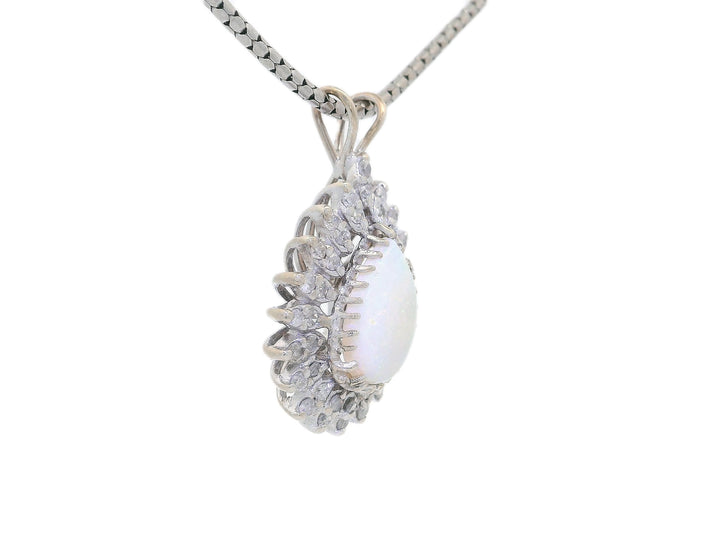 Antique Victorian 3.20 CTW AAA Grade Natural Opal & Diamond Pendant Necklace in 14KT White Gold