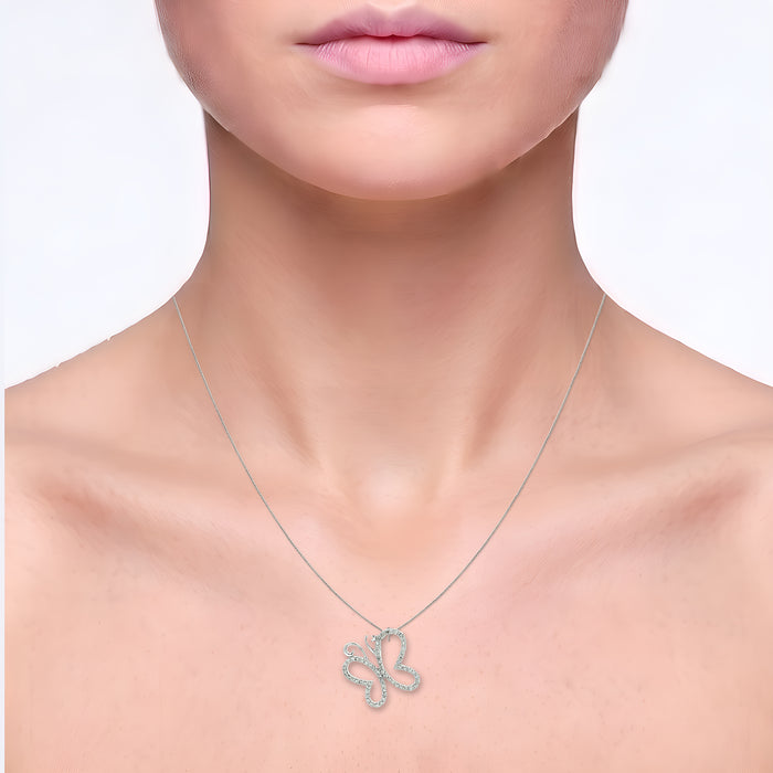 Pavé Near-Colorless Near-Flawless Diamond Butterfly Pendant Necklace (⅓ ct. tw.) in 14k White Gold shown on the neck (light skin tone)
