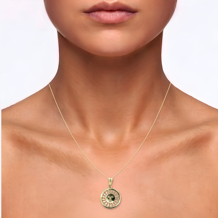Sun Face Celestial Pendant Necklace in Solid 14k Yellow Gold shown on the neck (medium skin tone)