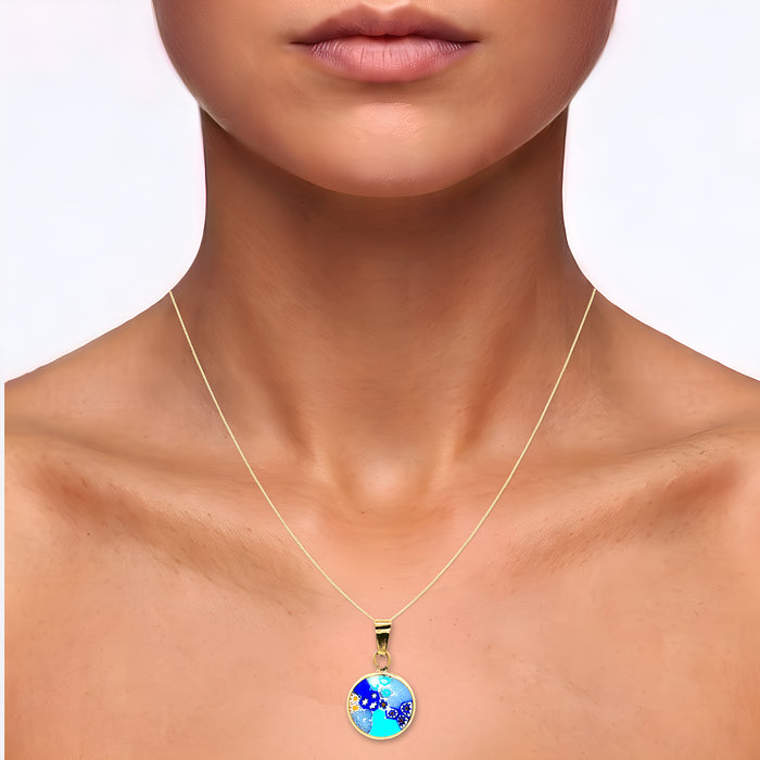 Italian Murano Millefiori Glass Pendant Necklace in 18k Yellow Gold shown on the neck (medium skin tone)