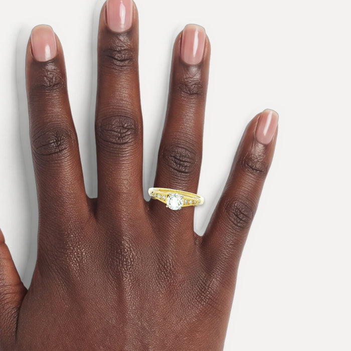 Nearly Flawless Colorless Round Brilliant Cut Diamond Engagement Ring (1 ct. tw.) in 18k Yellow & White Gold shown on a hand (deep skin tone)