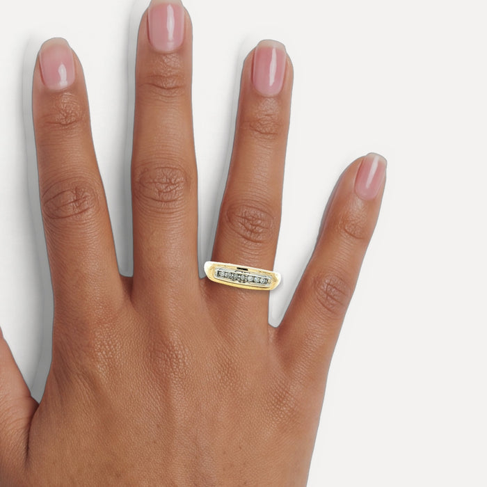 Near Colorless Diamond Wedding Band (⅙ ct. tw.) in 14k Yellow Gold & White Gold shown on a hand (medium deep skin tone)