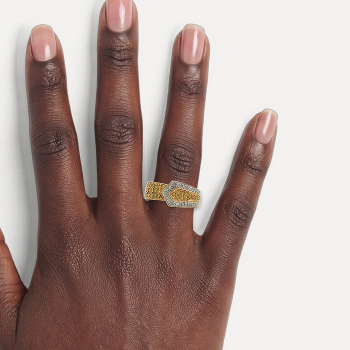 Round Brilliant Cut Pavé Yellow & White Diamond Ring (1 ct. tw.) in 14k Yellow & White Gold Buckle shown on a hand (deep skin tone)