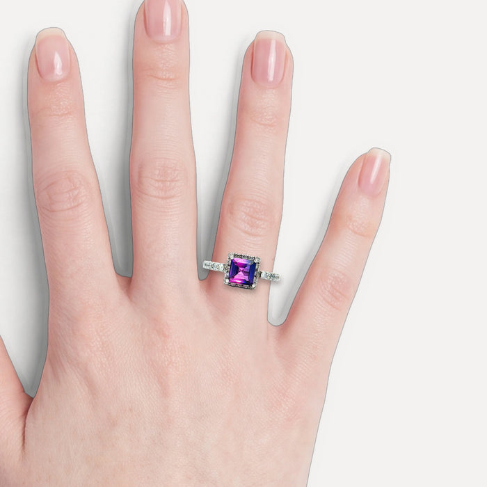 Deep Siberian Square Step Cut Amethyst Colorless Nearly Flawless Halo Diamond Ring (2 ⅓ ct. tw.) in 18k White Gold shown on a hand (light skin tone)