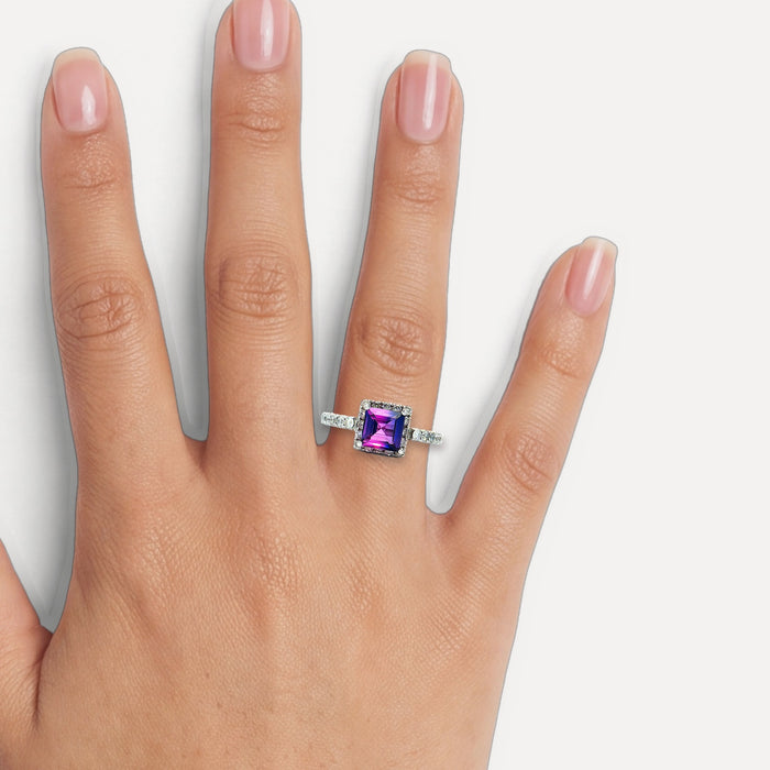Deep Siberian Square Step Cut Amethyst Colorless Nearly Flawless Halo Diamond Ring (2 ⅓ ct. tw.) in 18k White Gold shown on a hand (medium skin tone)
