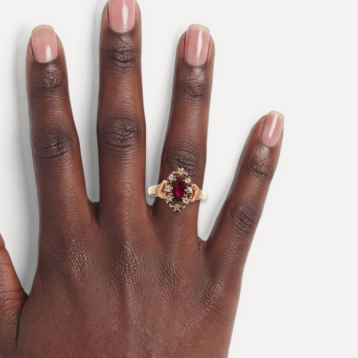 Vintage Marquise Ruby & Rose Cut Diamond Ring (1 ct. tw.) in 9k Yellow Gold & Rose Gold shown on a hand (deep skin tone)