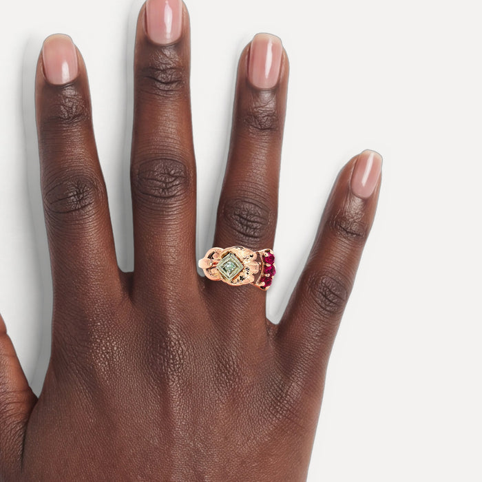 Vintage 1940s Old Single Cut Diamond & Ruby Ring (⅝ ct. tw.) in 14k Rose Gold shown on a hand (deep skin tone)