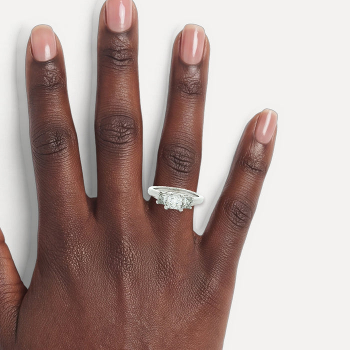 Colorless & Near Flawless Princess Cut Diamond Past Present Future Ring (1 ct. tw.) in 14k White Gold shown on a hand (deep skin tone)