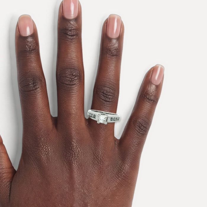 Colorless & Near Flawless Princess Cut Diamond Engagement Ring (1 ¼ ct. tw.) in 14k White Gold shown on a hand (deep skin tone)