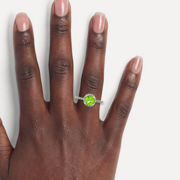 Triple Edge Halo Vivid Peridot Diamond Ring (1 ½ ct. tw.) in 18k White Gold shown on a hand (deep skin tone)