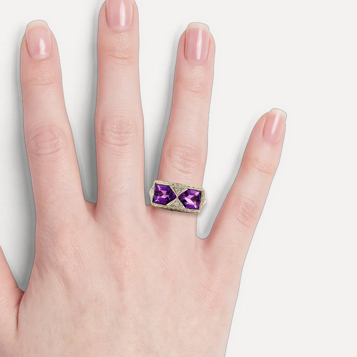 Vintage Vivid Iolite Gemstone & Colorless Diamond Ring (2 ⅒ ct. tw.) in 14k White Gold shown on a hand (light skin tone)