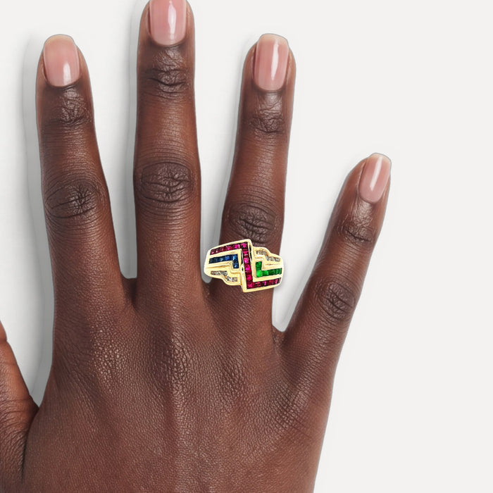Greek Key Ruby Emerald Sapphire Diamond Ring (1 ½ ct. tw.) in 18k Yellow Gold shown on a hand (deep skin tone)
