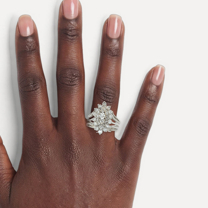 Round Brilliant Cut Colorless Diamond Cocktail Ring (¾ ct.) in 14k White Gold shown on a hand (deep skin tone)