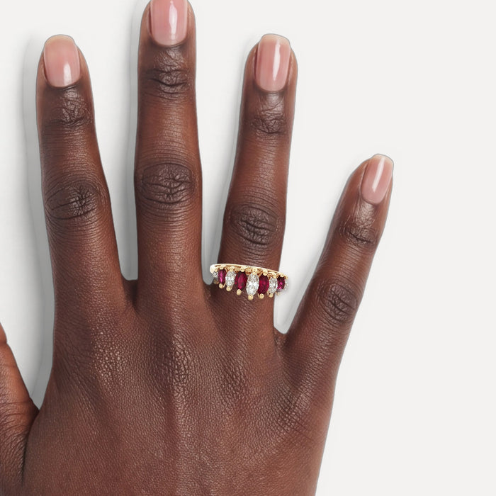 Marquise Colorless Diamond & Deep Red Ruby Anniversary Band Ring (1 ¼ ct. tw.) in 14k Yellow Gold shown on a hand (deep skin tone)