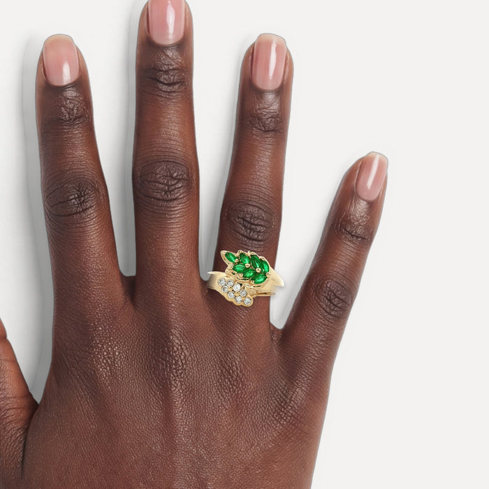 Colombian Emerald & Colorless Round Brilliant Cut Diamond Ring (1 ½ ct. tw.) in 14k Yellow Gold shown on a hand (deep skin tone)